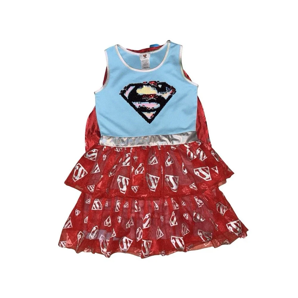 DC Supergirl Costume Dress Girls Sequin Logo Cape Red Blue Size XS New